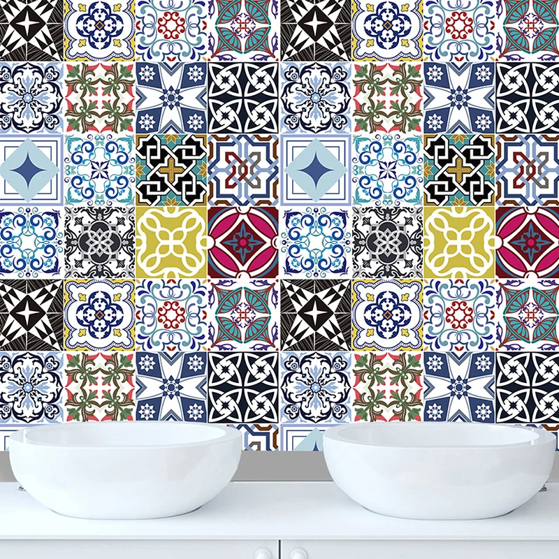 Blumenmosaikfliesen-Tapeten im Boho-Chic-Stil, glatte Wandkunst Blau-Lila, abziehen und aufkleben Clearhalo