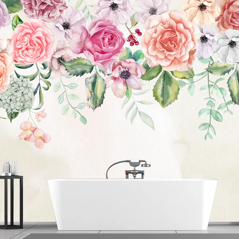 Blumenmuster-Wandgemälde, zeitgenössische Wandverkleidung aus Vliesstoff Rosa und Grün Clearhalo