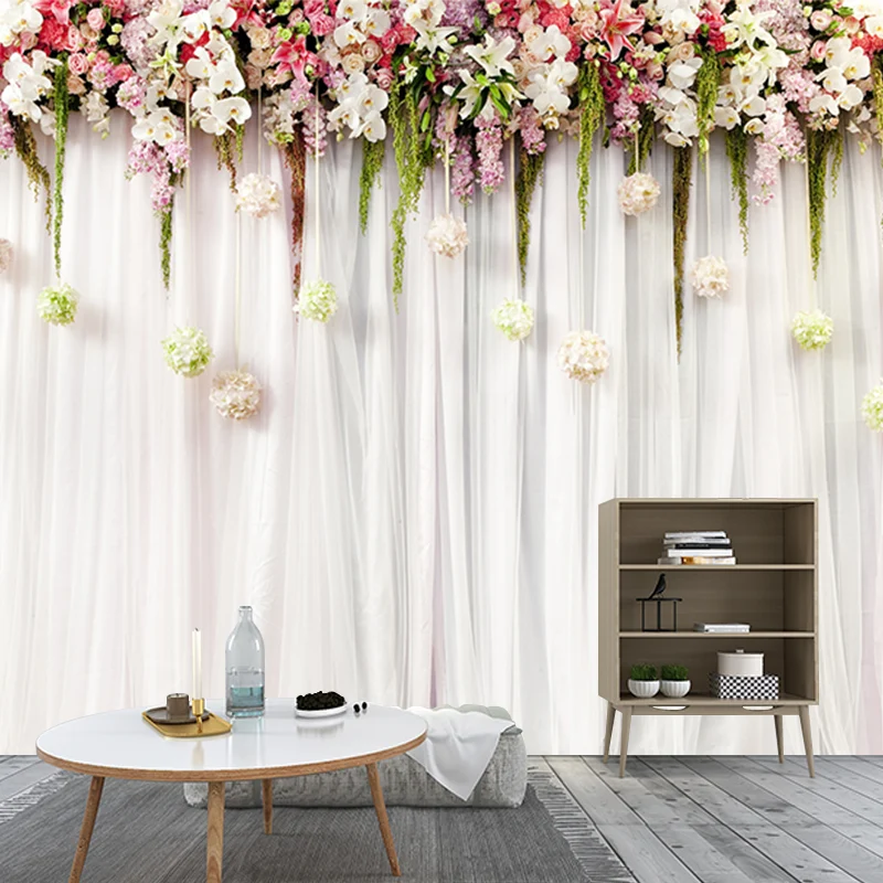 Blumenrand-Drapes-Wandtapete, modernistische Vlies-Wandverkleidung Rosa-Grün Clearhalo