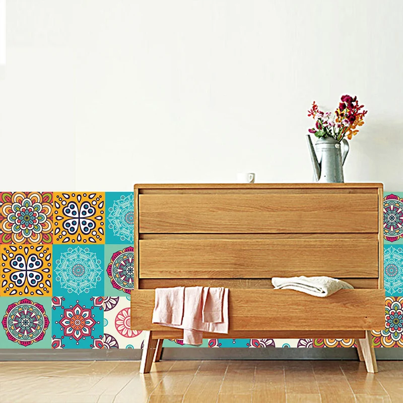 Bohemia Mandala-Mosaikfliesen-Tapeten, blaue Wandverkleidung zum Abziehen und Einkleben für Zuhause, 18 Stück Clearhalo