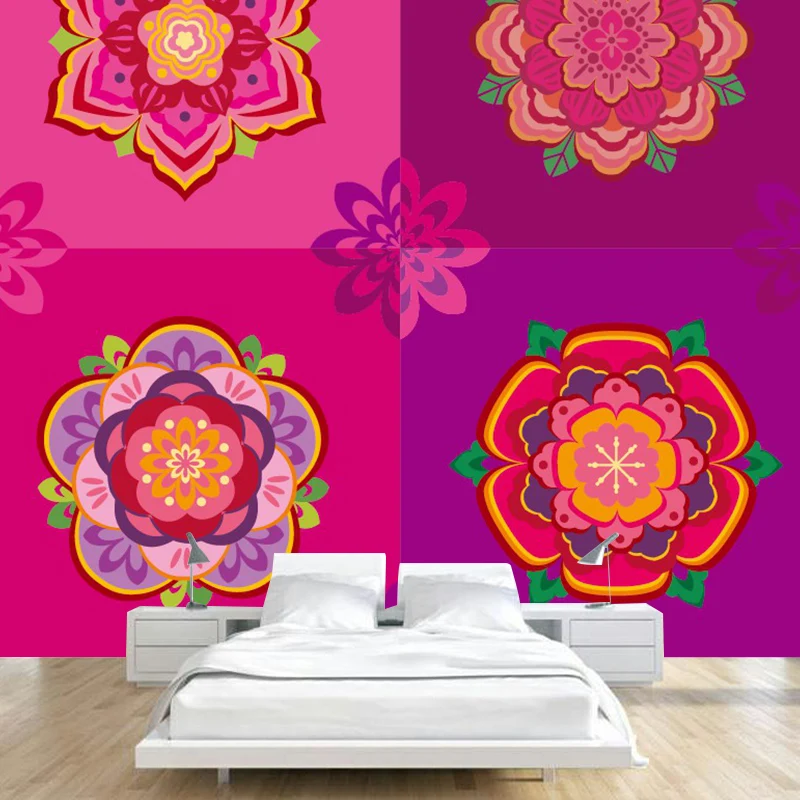Bohemia Squares Wandgemälde, Rosenrote Blumen, Wandverkleidung für die Schlafzimmerdekoration Clearhalo