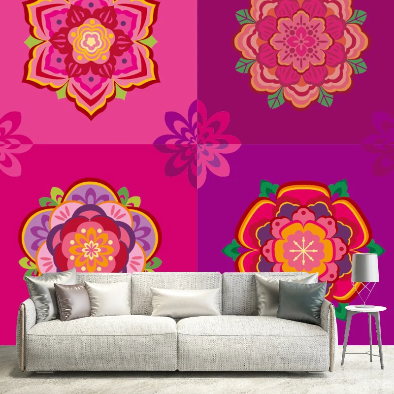 Bohemia Squares Wandgemälde, Rosenrote Blumen, Wandverkleidung für die Schlafzimmerdekoration Clearhalo