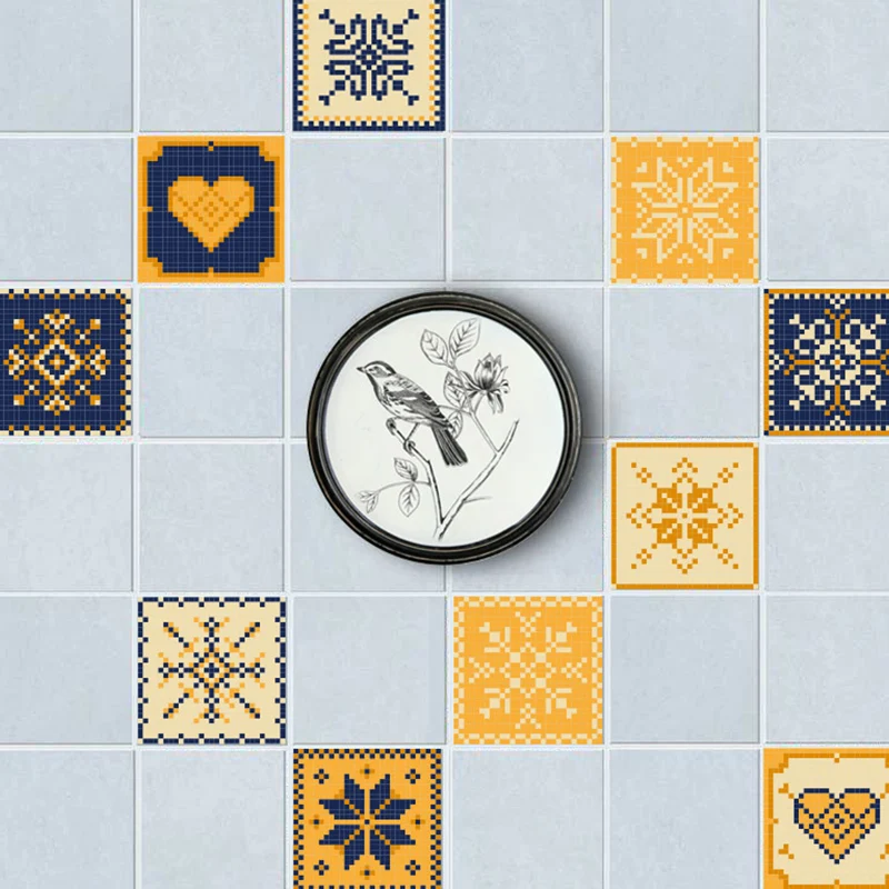 Boho-Blumenfliesen-Tapetenpaneel für die Küche, 2,2 Quadratfuß große Wanddekoration Gelb-Blau, zum Aufkleben Clearhalo