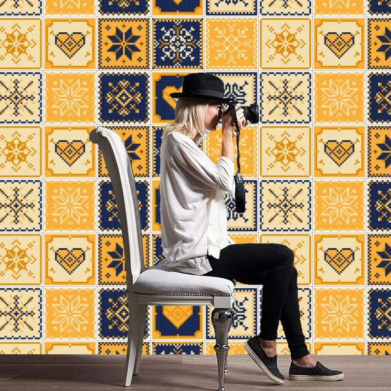 Boho-Blumenfliesen-Tapetenpaneel für die Küche, 2,2 Quadratfuß große Wanddekoration Gelb-Blau, zum Aufkleben Clearhalo