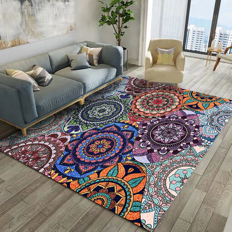 Boho-Chic-Wohnzimmerteppich, mehrfarbig, geometrisches Muster, Innenteppich, rutschfeste Rückseite, pflegeleichter Teppich...