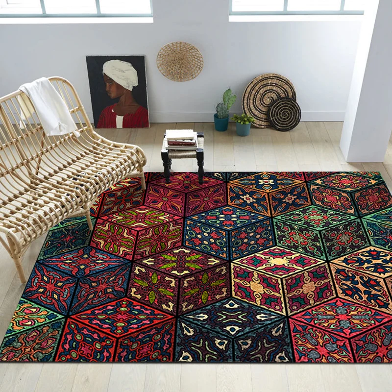 Boho-Chic-Wohnzimmerteppich, mehrfarbig, geometrisches Muster, Innenteppich, rutschfeste Rückseite, pflegeleichter Teppich...