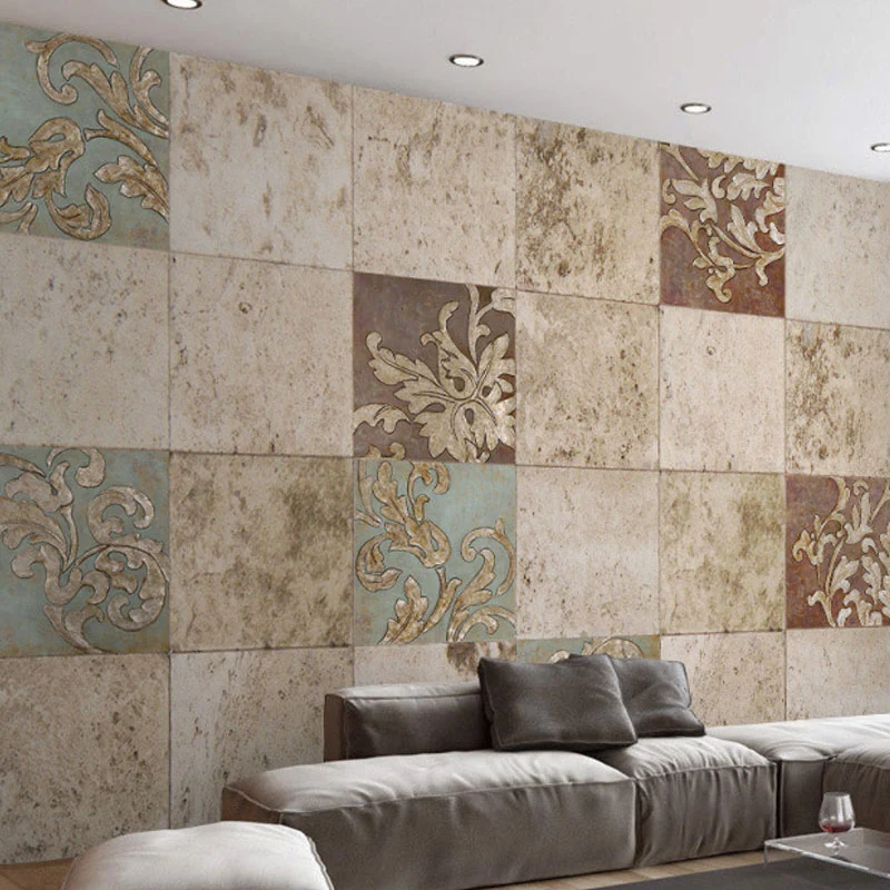 Brauner klassischer Wandaufkleber, individuelle Größe, Karo- und Blumenmuster, Wandkunst für Akzentwände Clearhalo