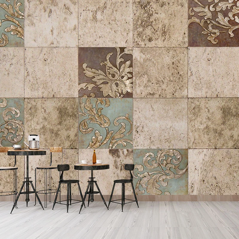 Brauner klassischer Wandaufkleber, individuelle Größe, Karo- und Blumenmuster, Wandkunst für Akzentwände Clearhalo