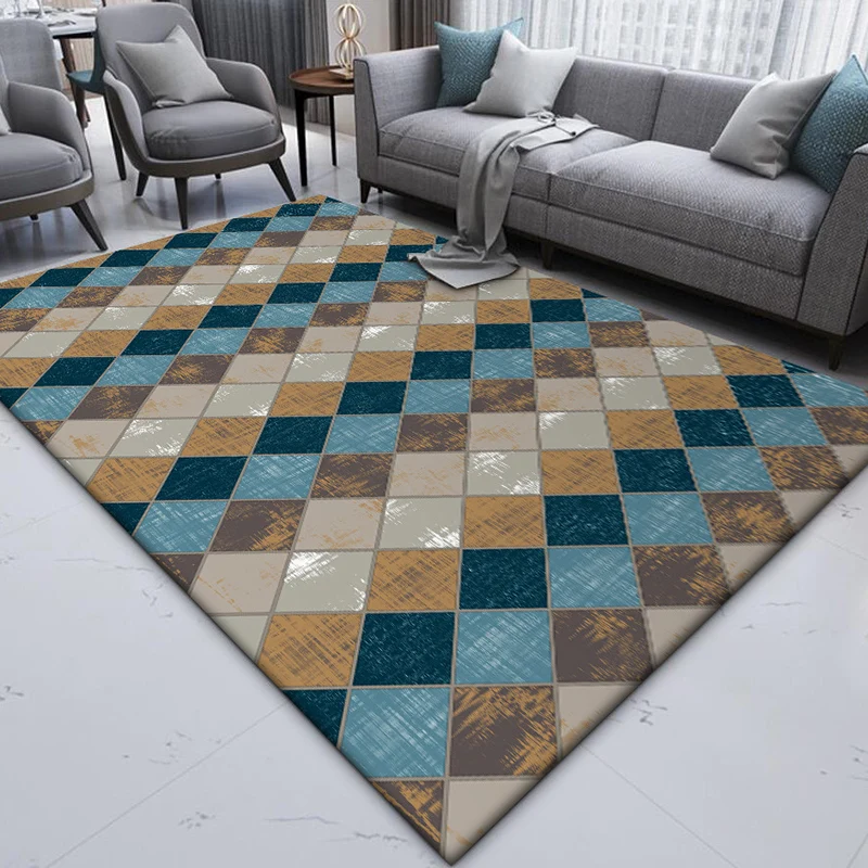 Bunter Schlafzimmerteppich, moderner Teppich mit geometrischem Rautenmuster, schmutzabweisender Polyester-Teppich Clearhalo