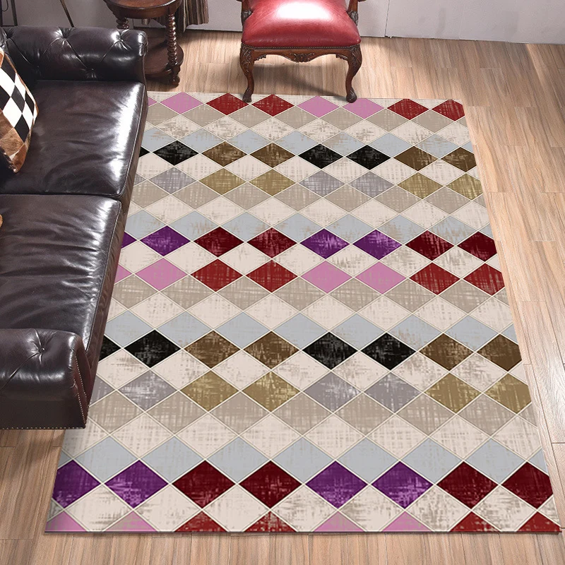 Bunter Schlafzimmerteppich, moderner Teppich mit geometrischem Rautenmuster, schmutzabweisender Polyester-Teppich Clearhalo