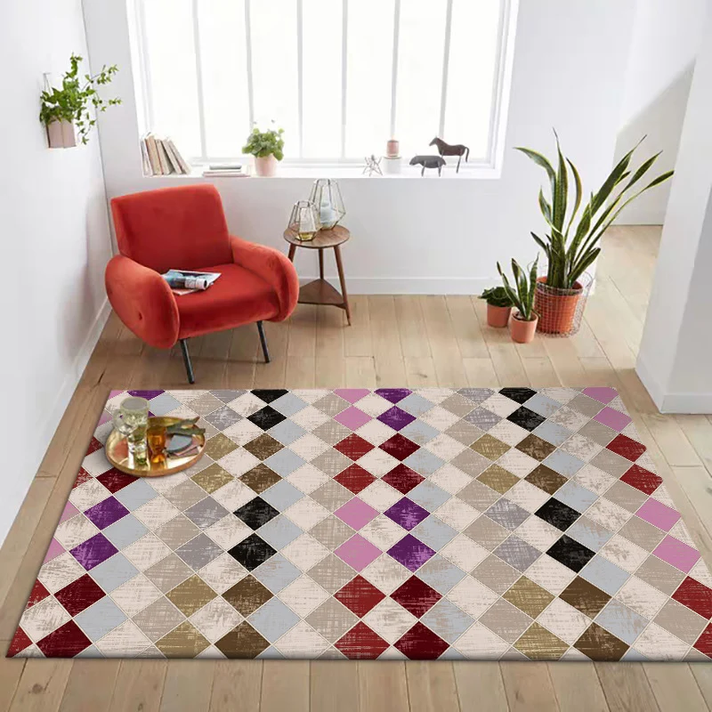 Bunter Schlafzimmerteppich, moderner Teppich mit geometrischem Rautenmuster, schmutzabweisender Polyester-Teppich Clearhalo