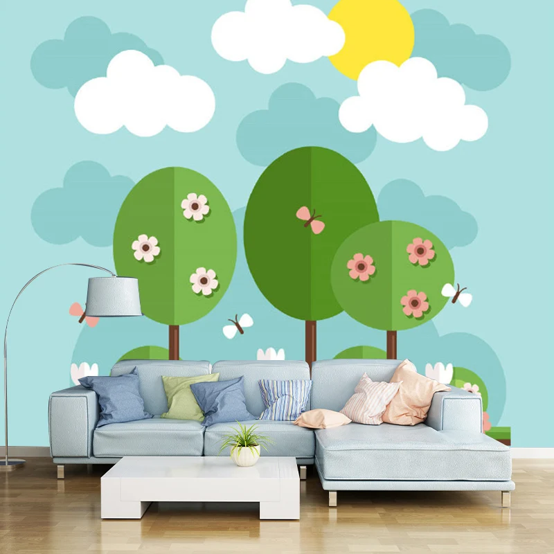 Cartoon blühender Baum Tapetenwandbilder Blau-Gelb-Grün Kinderzimmer Wanddekoration, individuelle Größe Clearhalo