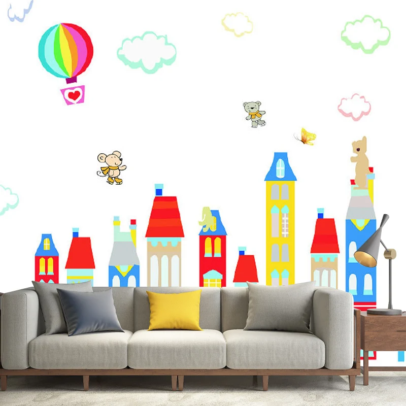 Cartoon-Fantasie-Häuser-Wandbild, pastellfarben, schmutzabweisende Wanddekoration für den Kindergarten Clearhalo