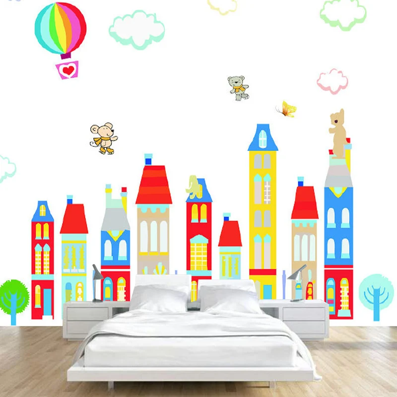 Cartoon-Fantasie-Häuser-Wandbild, pastellfarben, schmutzabweisende Wanddekoration für den Kindergarten Clearhalo
