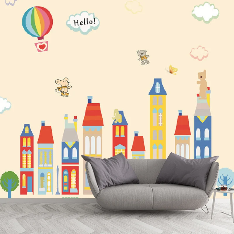 Cartoon-Fantasie-Häuser-Wandbild, pastellfarben, schmutzabweisende Wanddekoration für den Kindergarten Clearhalo