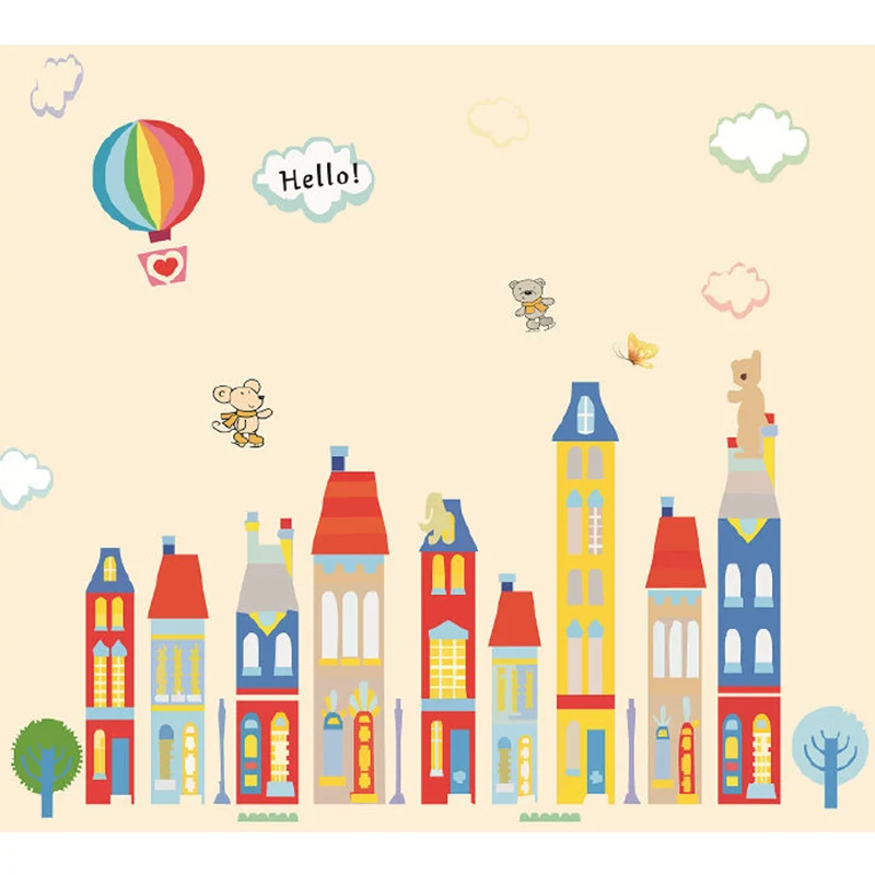 Cartoon-Fantasie-Häuser-Wandbild, pastellfarben, schmutzabweisende Wanddekoration für den Kindergarten Clearhalo