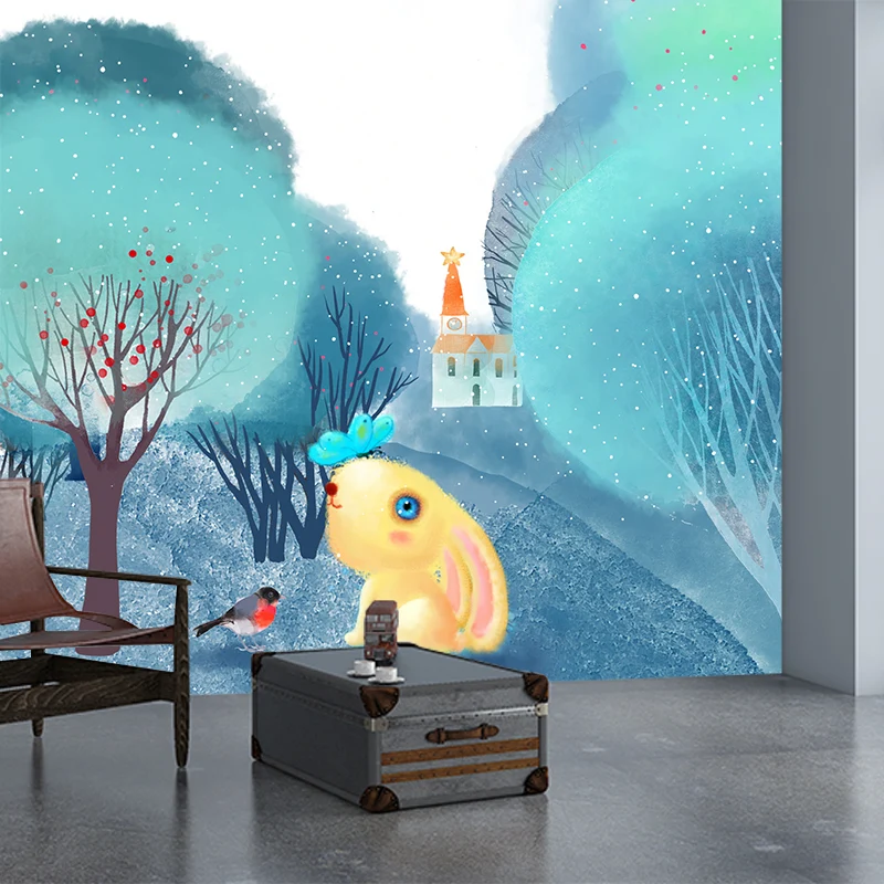 Cartoon-Tier-Tapete, blau-weiße ländliche Landschaft, Wandverkleidung für Kinderzimmer Clearhalo