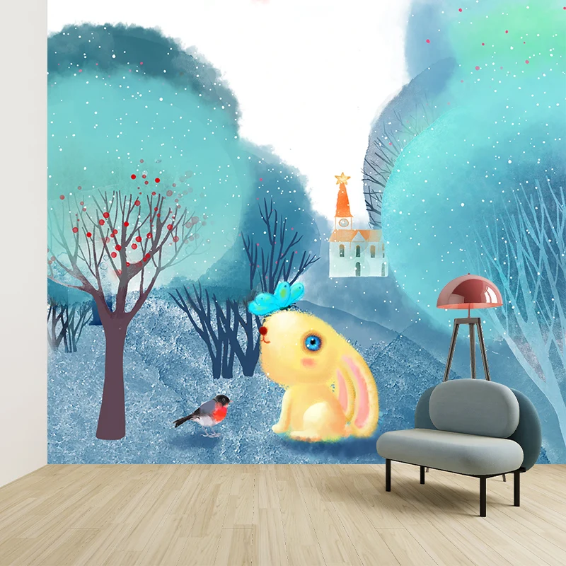 Cartoon-Tier-Tapete, blau-weiße ländliche Landschaft, Wandverkleidung für Kinderzimmer Clearhalo