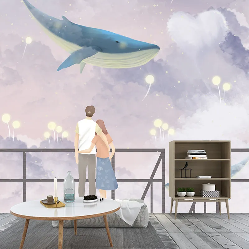 Cartoon-Wal und Liebhaber-Wandbild, lila-weiße Schlafzimmer-Wandverkleidung, personalisierte Größe Clearhalo
