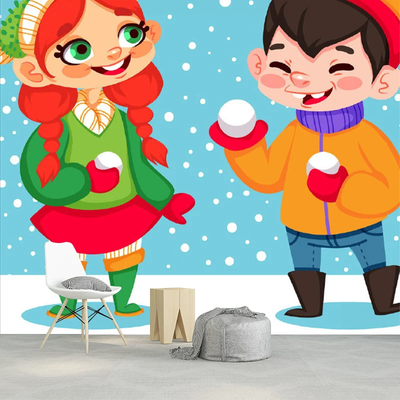 Cartoon-Wandbilder für Kinder mit spielenden Schneemustern den Farben Rot-Gelb-Blau-Grün Clearhalo