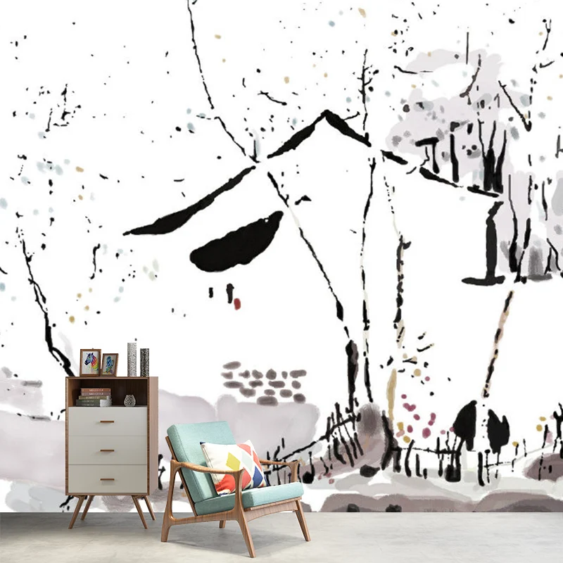 Chinesische Tuschemalerei, Bauernhaus-Wandbild, schwarz-weiß, feuchtigkeitsbeständig, Wandkunst für Schlafzimmer Clearhalo