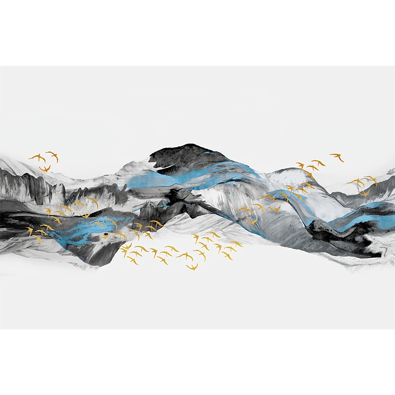 Chinesische Wandtapete voller Größe, blaue und graue Wildgans- und Schleier-Wandverkleidung, individuelle Größe erhältlich...