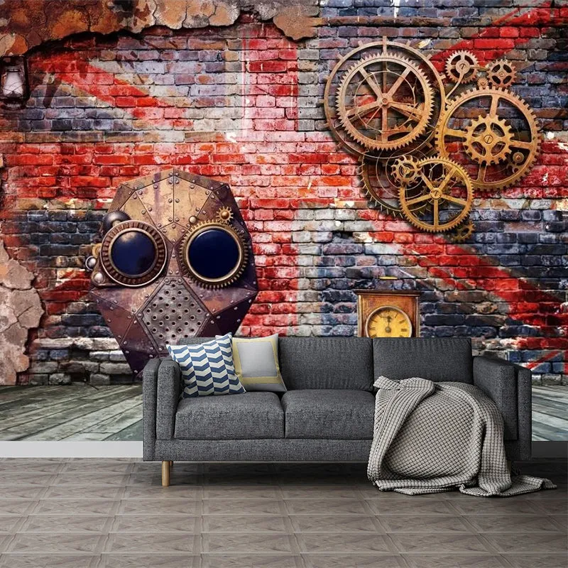 Coole Gear and Brick Murals-Tapete für Schlafzimmer, Grau und Rot, individuelle Größe erhältlich Clearhalo