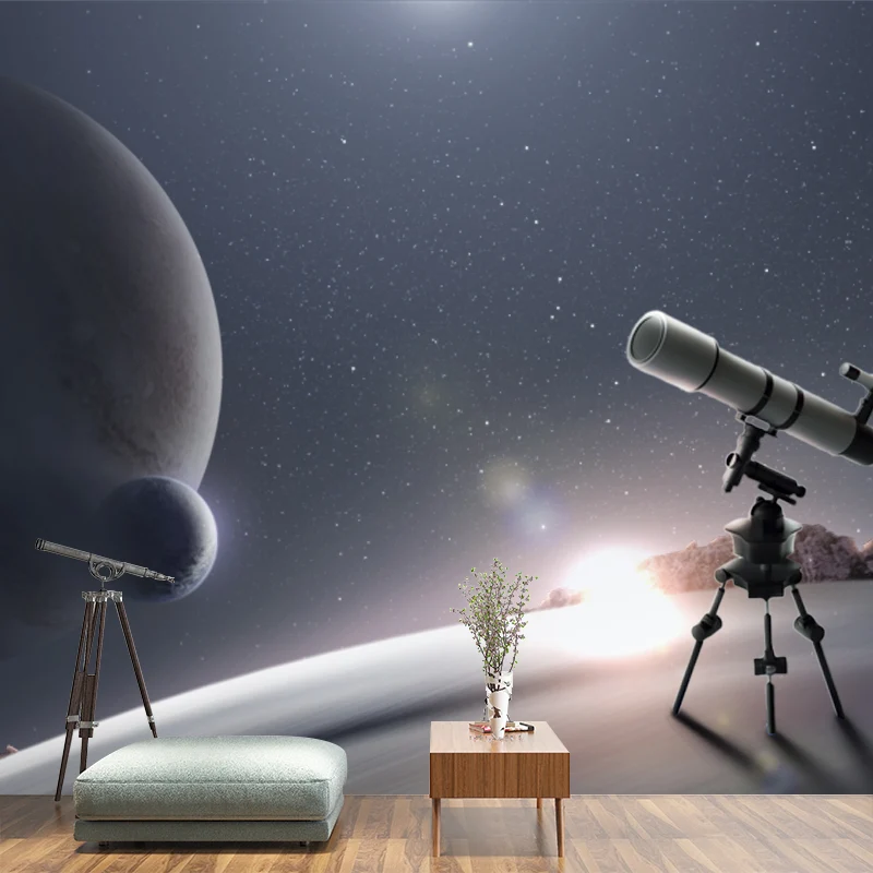 Cooles Teleskop- und Globen-Wandbild für das Wohnzimmer, Blau und Weiß, nach Maß gefertigt Clearhalo