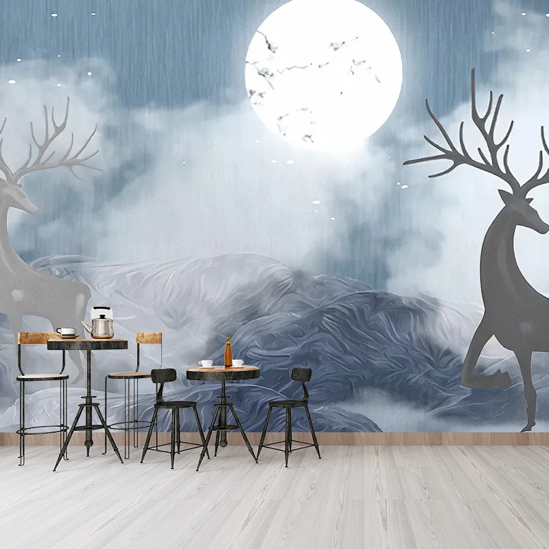 Dekorative Mond- und Hirsch-Wandverkleidung aus Vliesstoff im nostalgischen Stil für Akzentwände Clearhalo