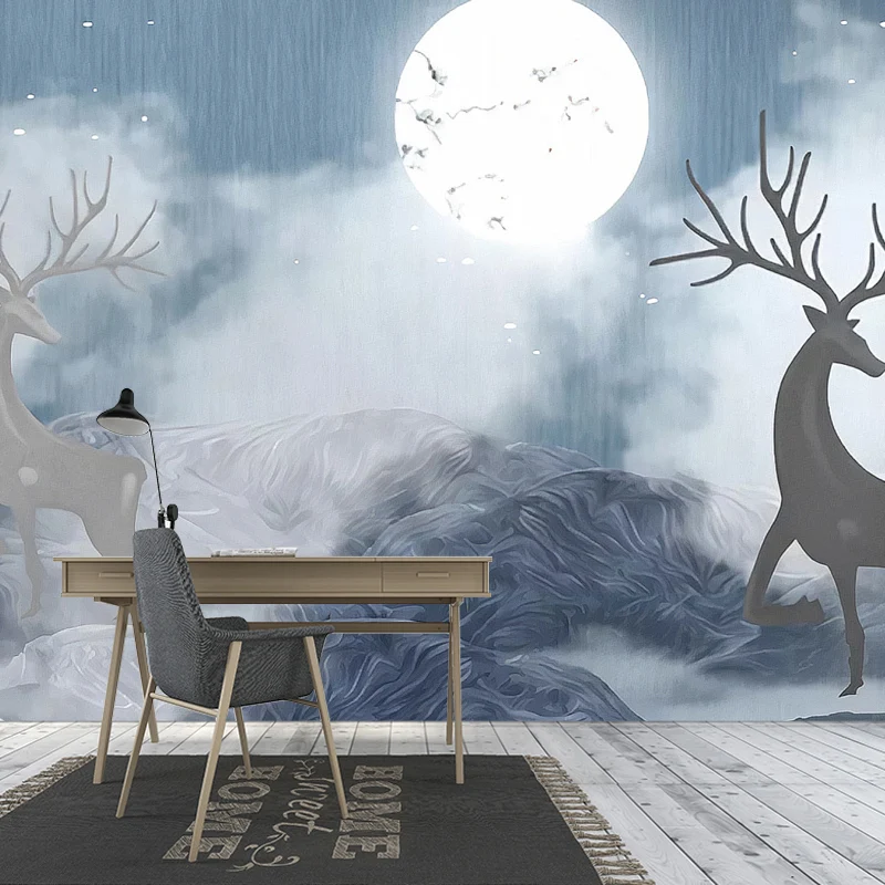 Dekorative Mond- und Hirsch-Wandverkleidung aus Vliesstoff im nostalgischen Stil für Akzentwände Clearhalo