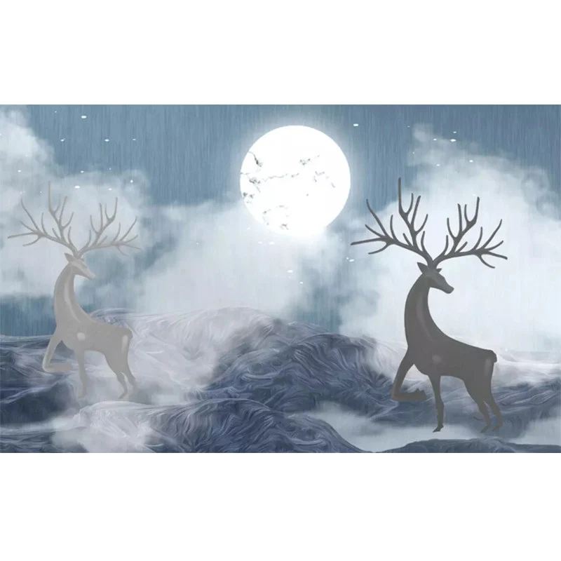 Dekorative Mond- und Hirsch-Wandverkleidung aus Vliesstoff im nostalgischen Stil für Akzentwände Clearhalo