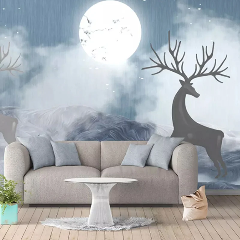 Dekorative Mond- und Hirsch-Wandverkleidung aus Vliesstoff im nostalgischen Stil für Akzentwände Clearhalo