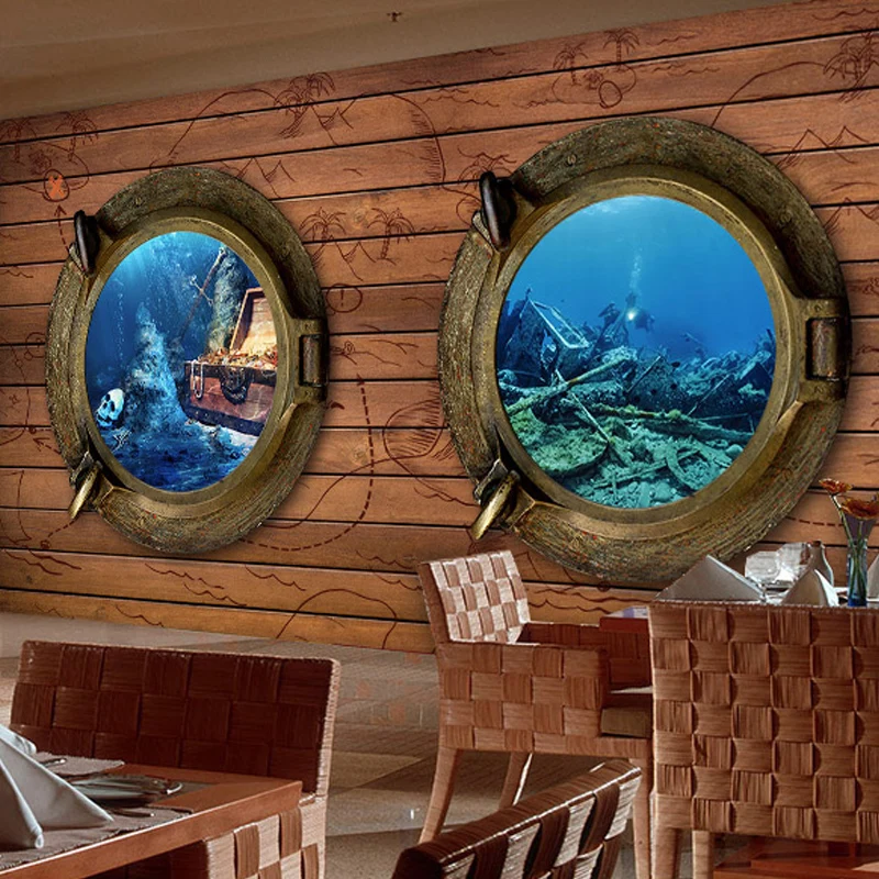 Dekoratives Unterwasser- und Holzwandbild, maßgeschneiderte Wanddekoration für ein Café Clearhalo