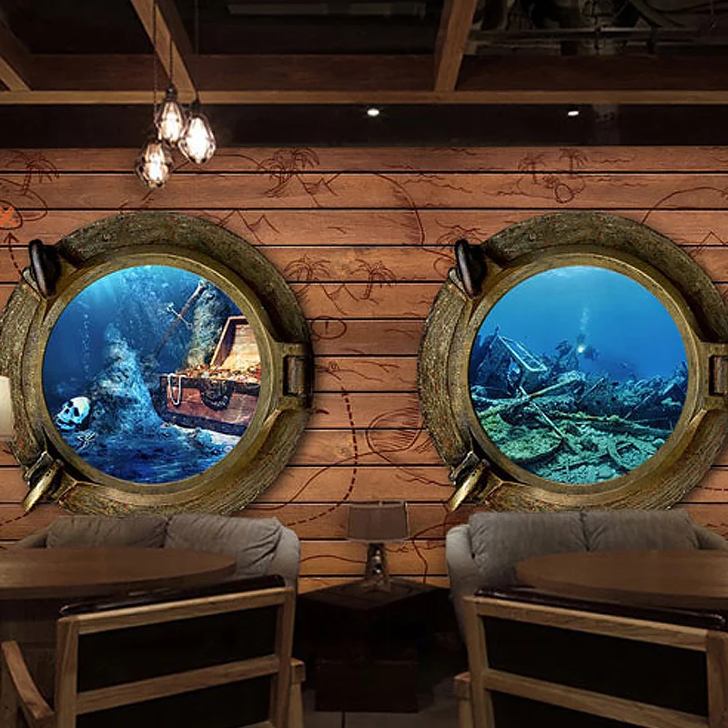 Dekoratives Unterwasser- und Holzwandbild, maßgeschneiderte Wanddekoration für ein Café Clearhalo