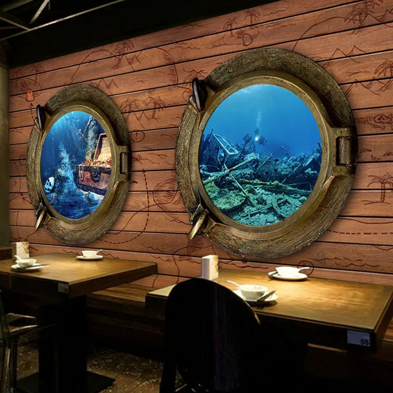 Dekoratives Unterwasser- und Holzwandbild, maßgeschneiderte Wanddekoration für ein Café Clearhalo