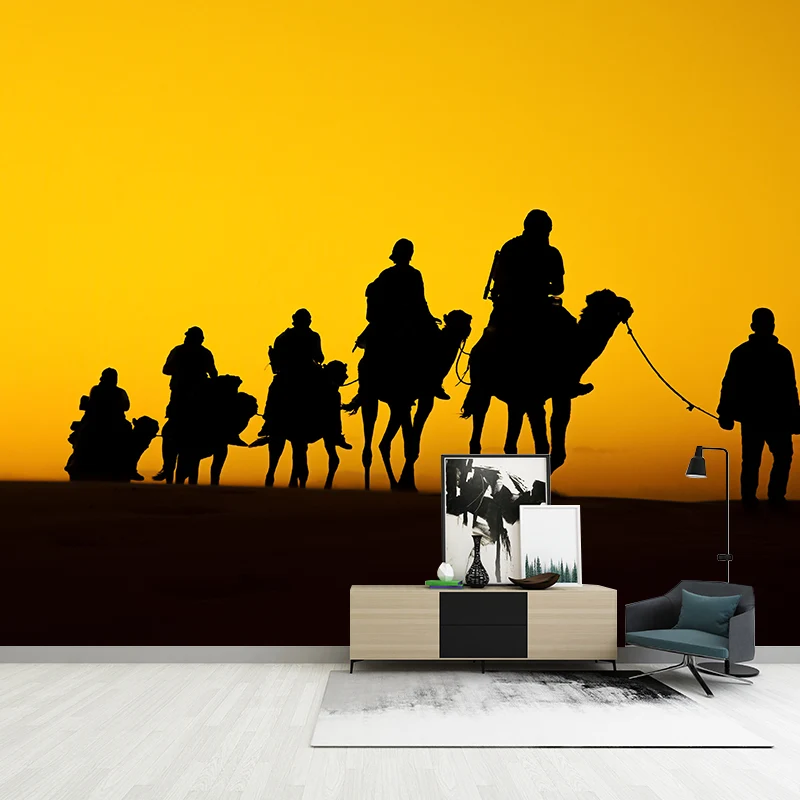 Dunkle Farbe, modernes Wandbild, ganze Wüstenlandschaft mit Kamel bei Sonnenuntergang, Wanddekoration für Zuhause Clearhalo