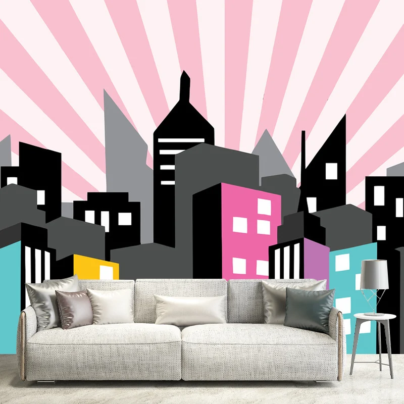 Einfache Wandtapete Originalgröße für die Inneneinrichtung mit Stadtgebäude-Design Rosa Clearhalo