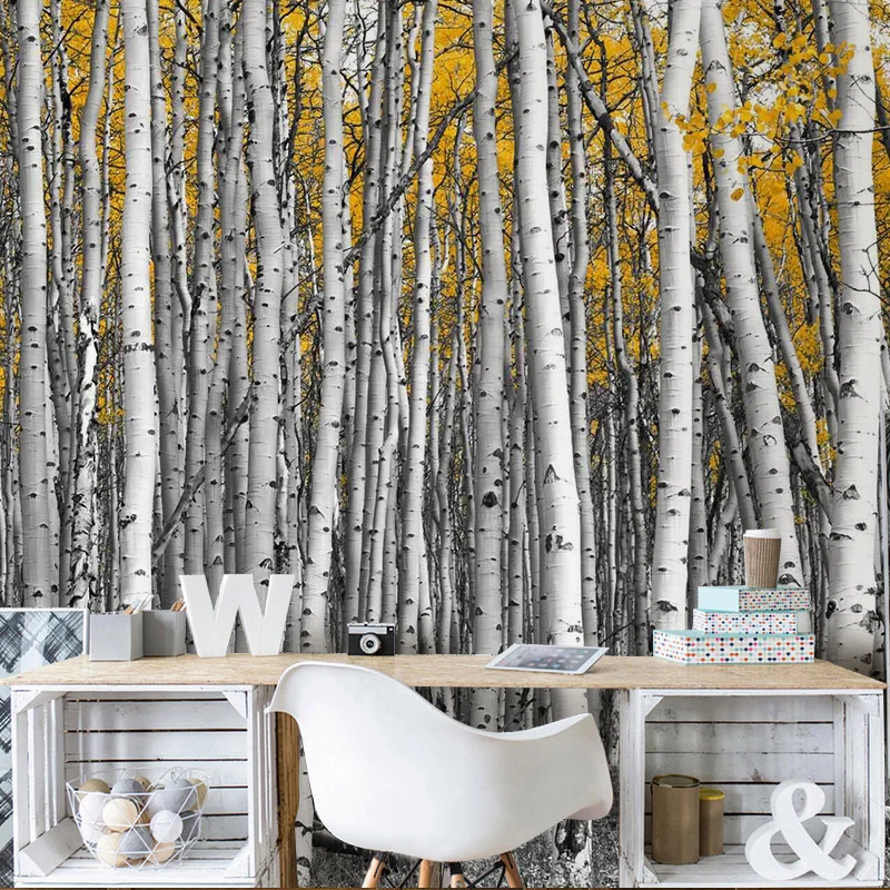 Einfaches Wandbild im großen Fotostil für die Inneneinrichtung mit Birkenbaum-Design Grau und Gelb Clearhalo
