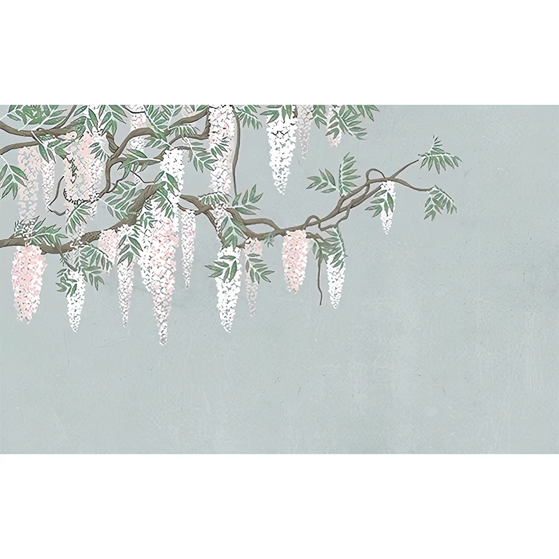 Einfaches Wandgemälde mit großer Illustration für die Küche mit Blumen und Zweigen Rosa und Grün Clearhalo