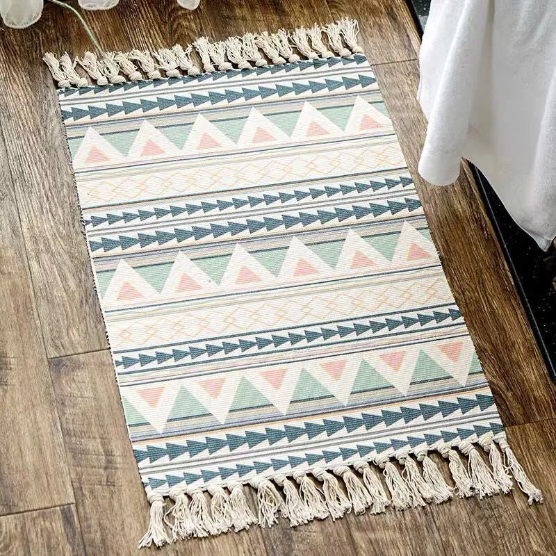 Einzigartiger geometrischer Teppich, mehrfarbig, eklektischer Teppich, haustierfreundlicher Teppich aus Baumwolle mit Quas...