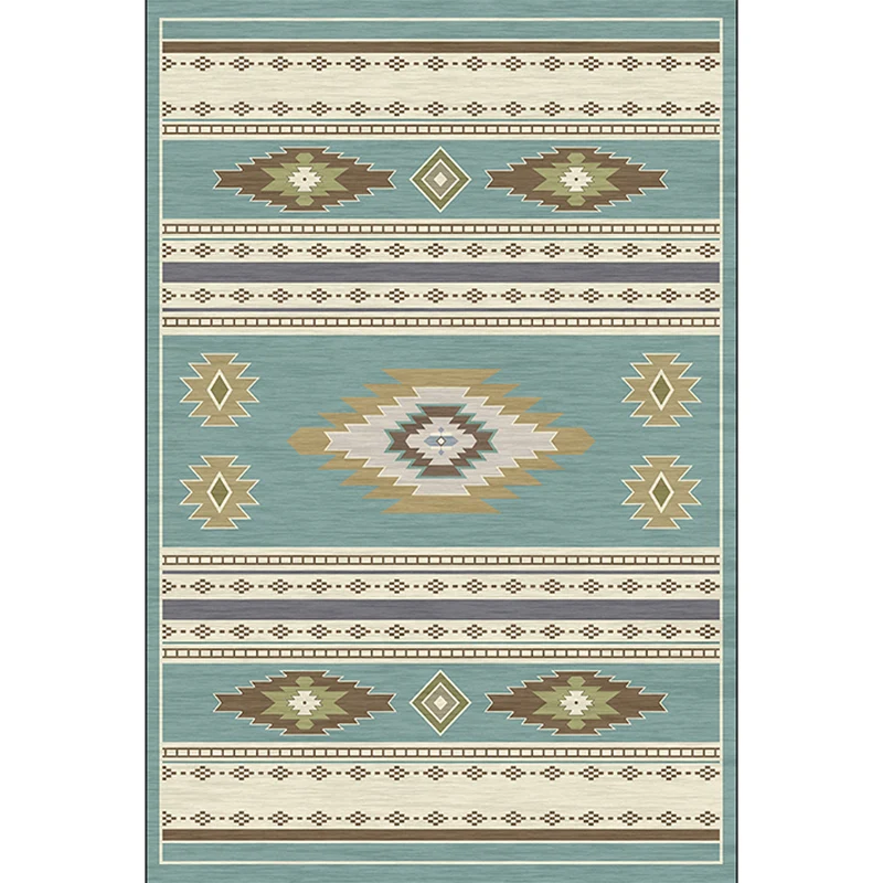 Einzigartiger Teppich mit geometrischem Muster, blauer und grüner Vintage-Teppich, waschbarer Polyester-Teppich mit rutsch...