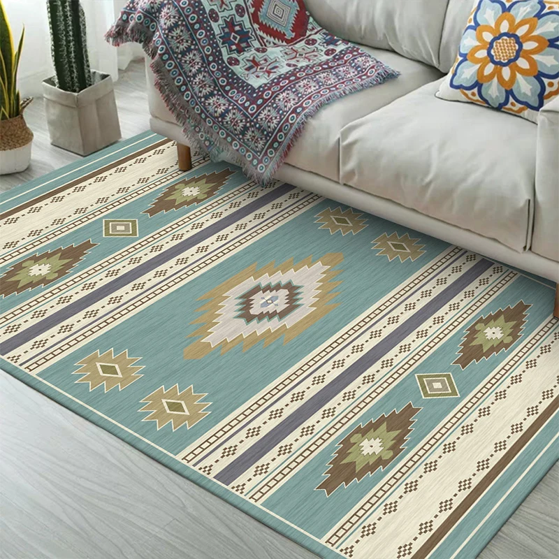 Einzigartiger Teppich mit geometrischem Muster, blauer und grüner Vintage-Teppich, waschbarer Polyester-Teppich mit rutsch...