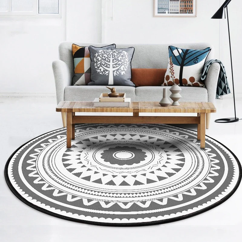 Eklektischer Bohemian-Teppich Weiß und Grau mit floralem Kreis-Dreieck-Muster, waschbarer Teppich aus Polyester für die He...