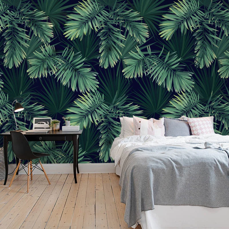 Extra große Wandtapete mit tropischen Blättern Grün, Vlies-Wanddekoration für Schlafzimmer, individuell bedruckt Clearhalo