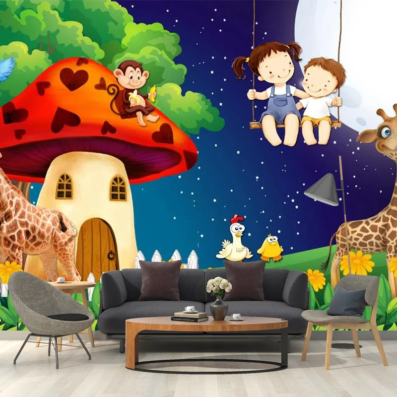 Fantasy-Pilzhaus-Wandbild, Cartoon-Wanddekoration aus Vliesstoff Rot-Grün Clearhalo