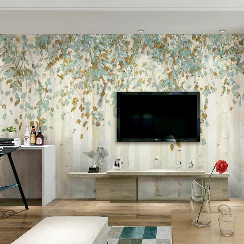 Fleckenabweisende Waldwandtapete Originalgröße, minimalistische Wandkunst Blau und Braun für das Wohnzimmer Clearhalo