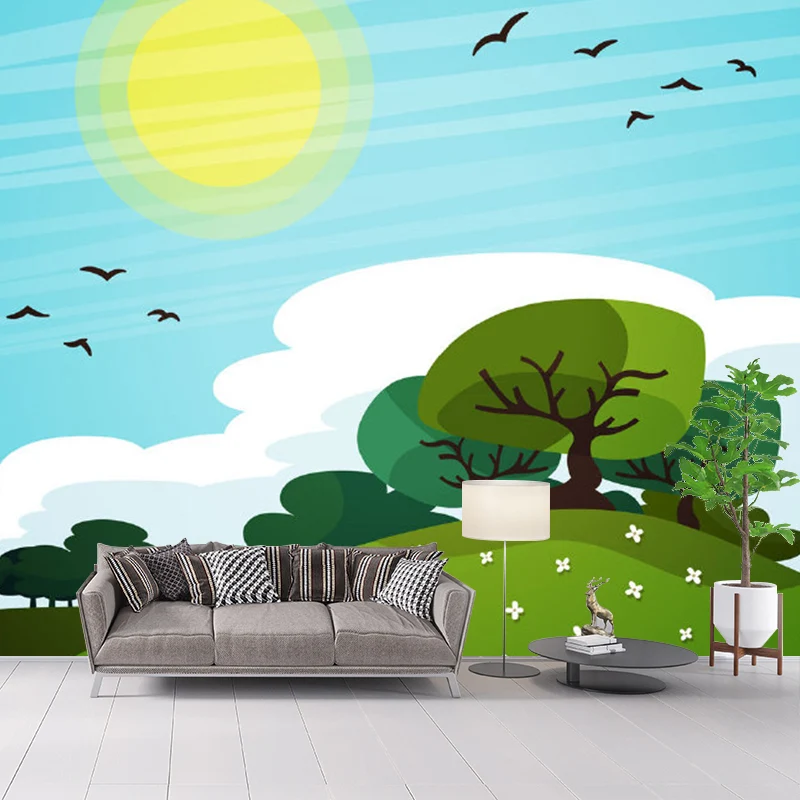 Frühlingslandschaft-Wandbilder für Kinder, Kunst, Wohnzimmer, glatte Wandverkleidung, Blau-Gelb-Grün Clearhalo