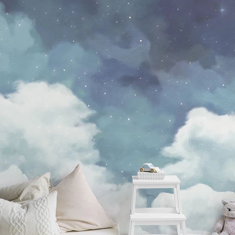 Frische Wandtapete für das Wohnzimmer, pastellblauer und weißer bewölkter Himmel und Stern, nach Maß gefertigt Clearhalo