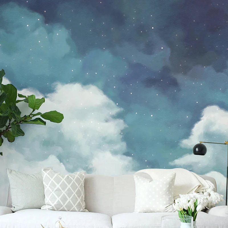 Frische Wandtapete für das Wohnzimmer, pastellblauer und weißer bewölkter Himmel und Stern, nach Maß gefertigt Clearhalo
