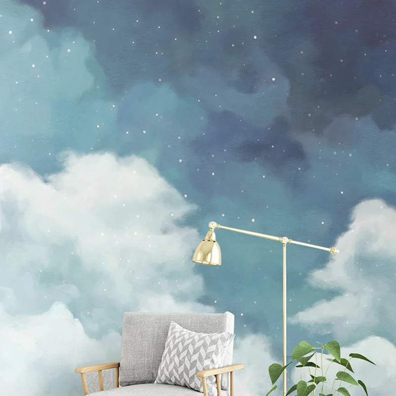 Frische Wandtapete für das Wohnzimmer, pastellblauer und weißer bewölkter Himmel und Stern, nach Maß gefertigt Clearhalo